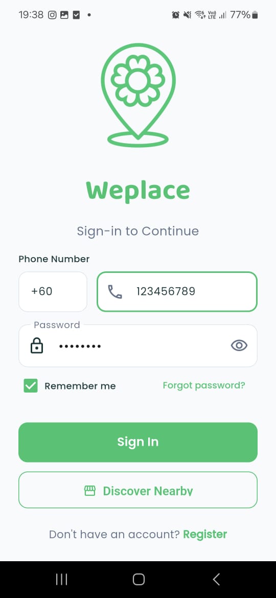 Weplace registration screen