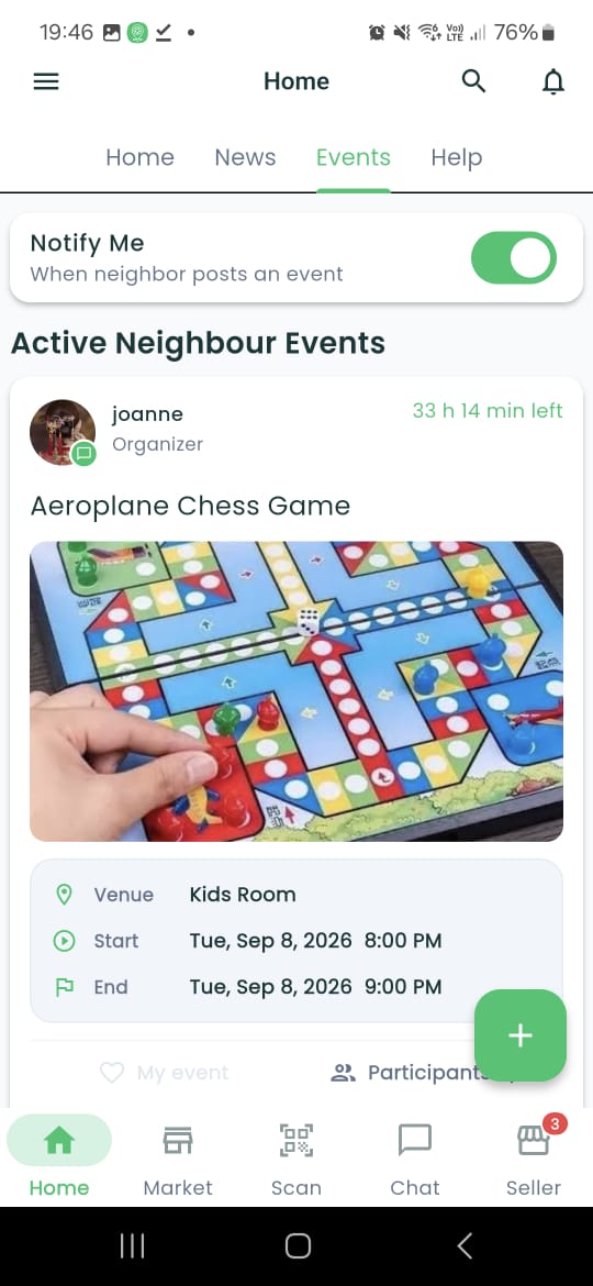 Weplace events screen
