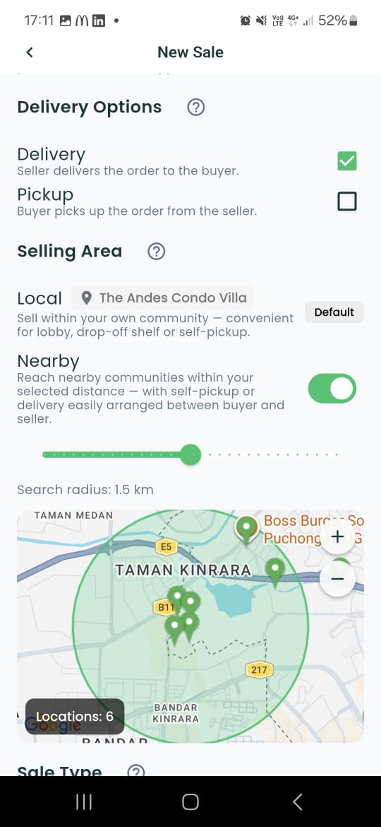 Selling settings screen