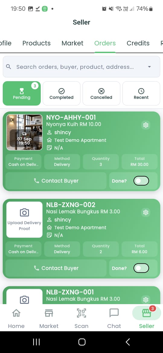 Order management screen